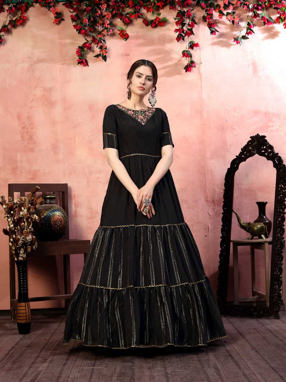 Ynf Silk KESH417 4521 Gowns Wholesale Embroidery Gowns Silk Gowns Black Gown Manufacturer