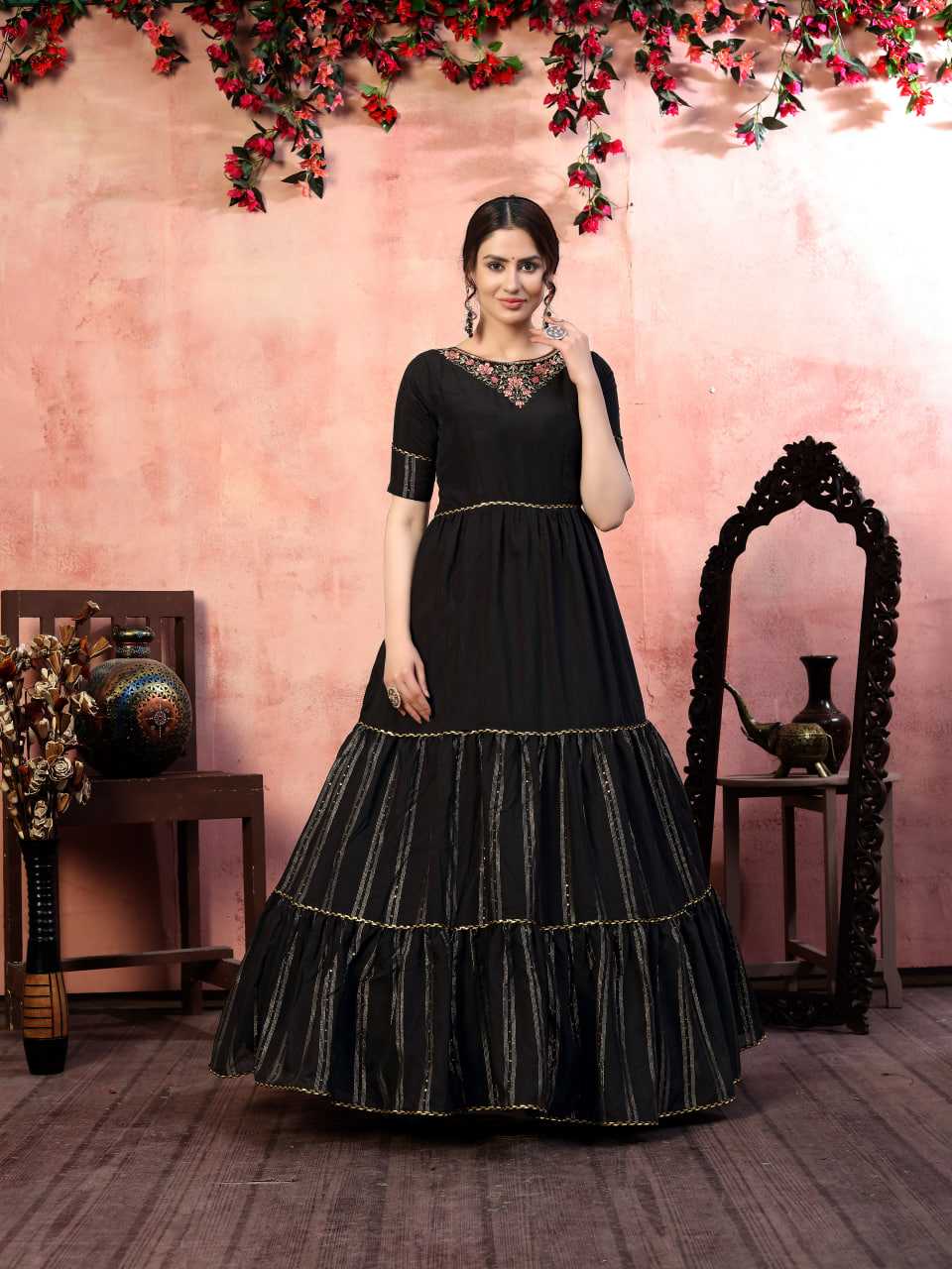 Ynf Silk KESH417 4521 Gowns Wholesale Embroidery Gowns Silk Gowns Black Gown Manufacturer