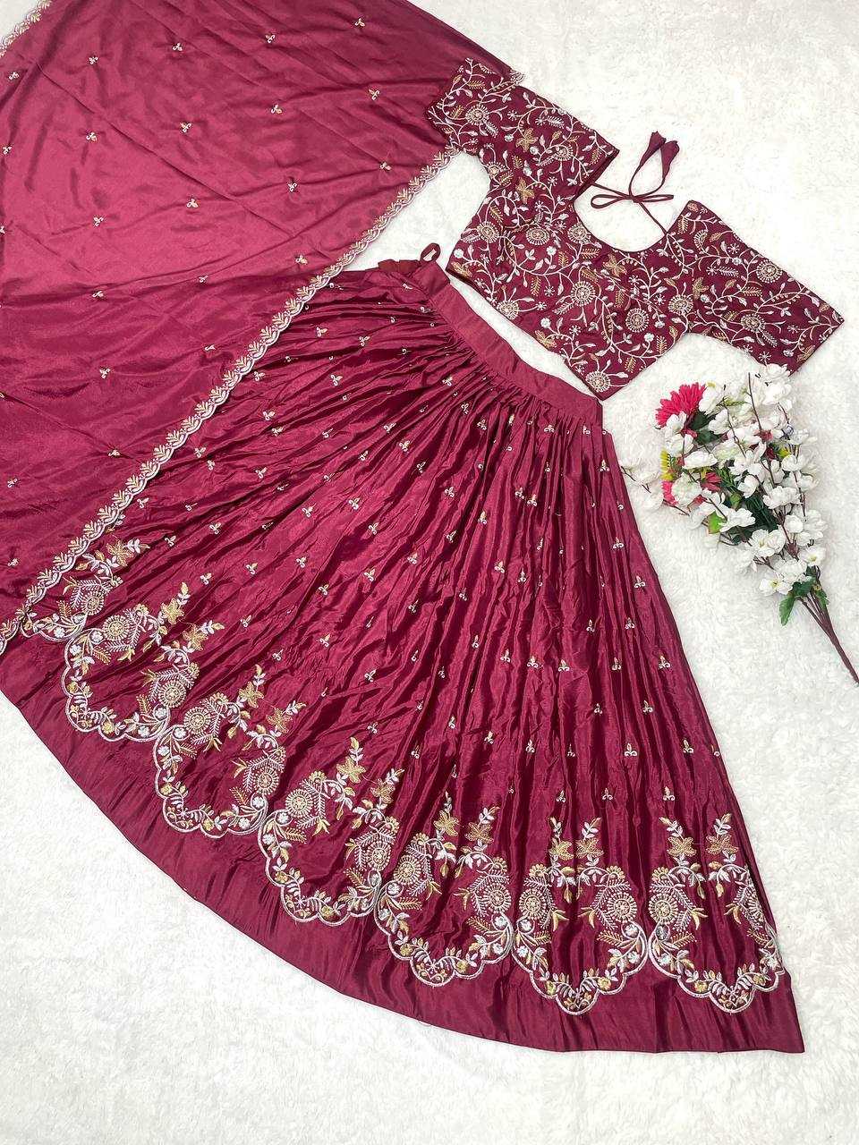 YNF SOFT CHINON KESH367 130 LAHENGAS WHOLESALE DESIGNER EMBROIDERED SILK LAHENGAS MANUFACTURER