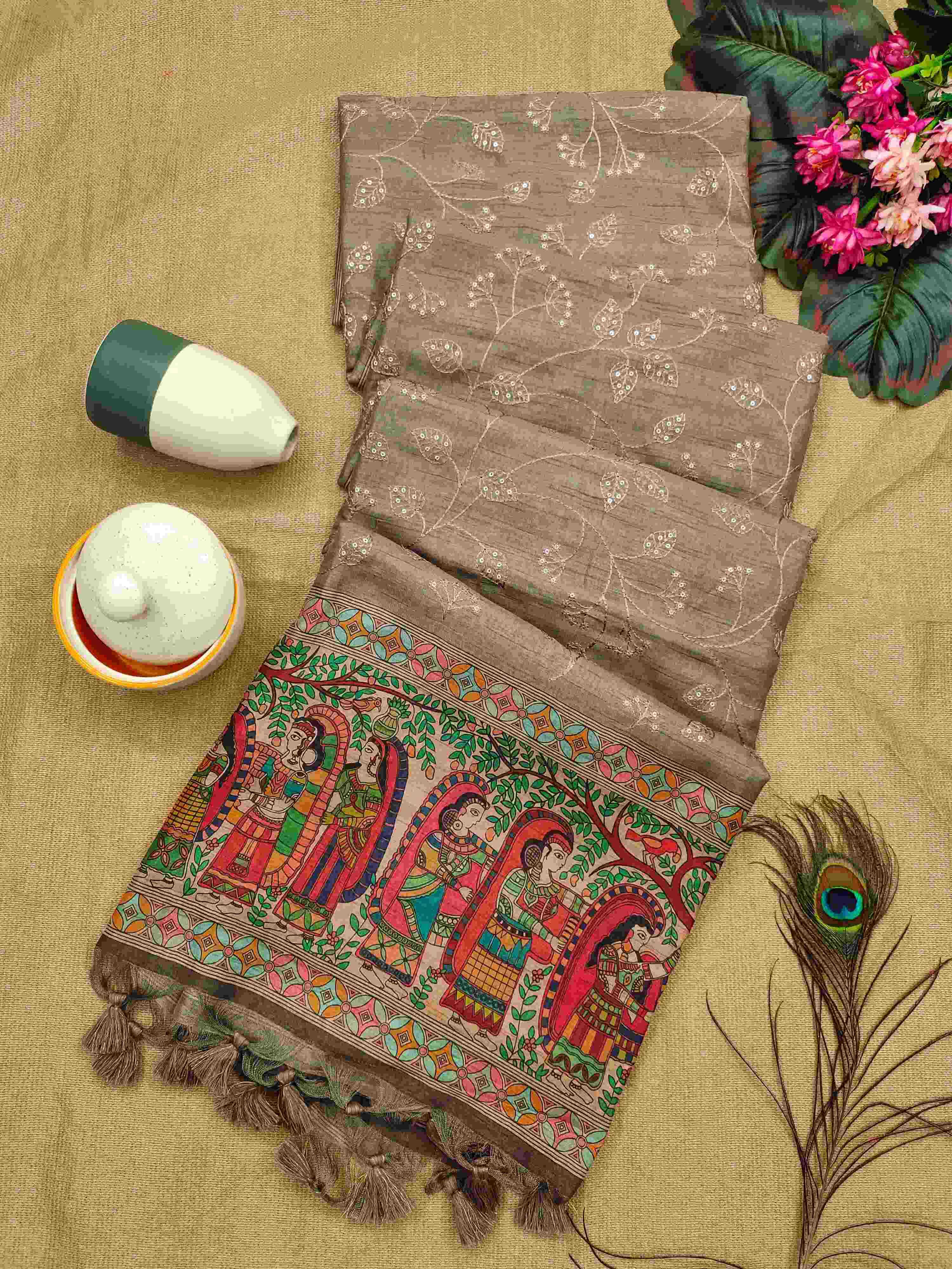 Ynf Tussar Silk KESH166 SANVI KALAMKARI Silk Sarees Wholesale Soft Silk Sarees Kalamkari Silk Sarees Embroidered Silk Sarees Manufacturer