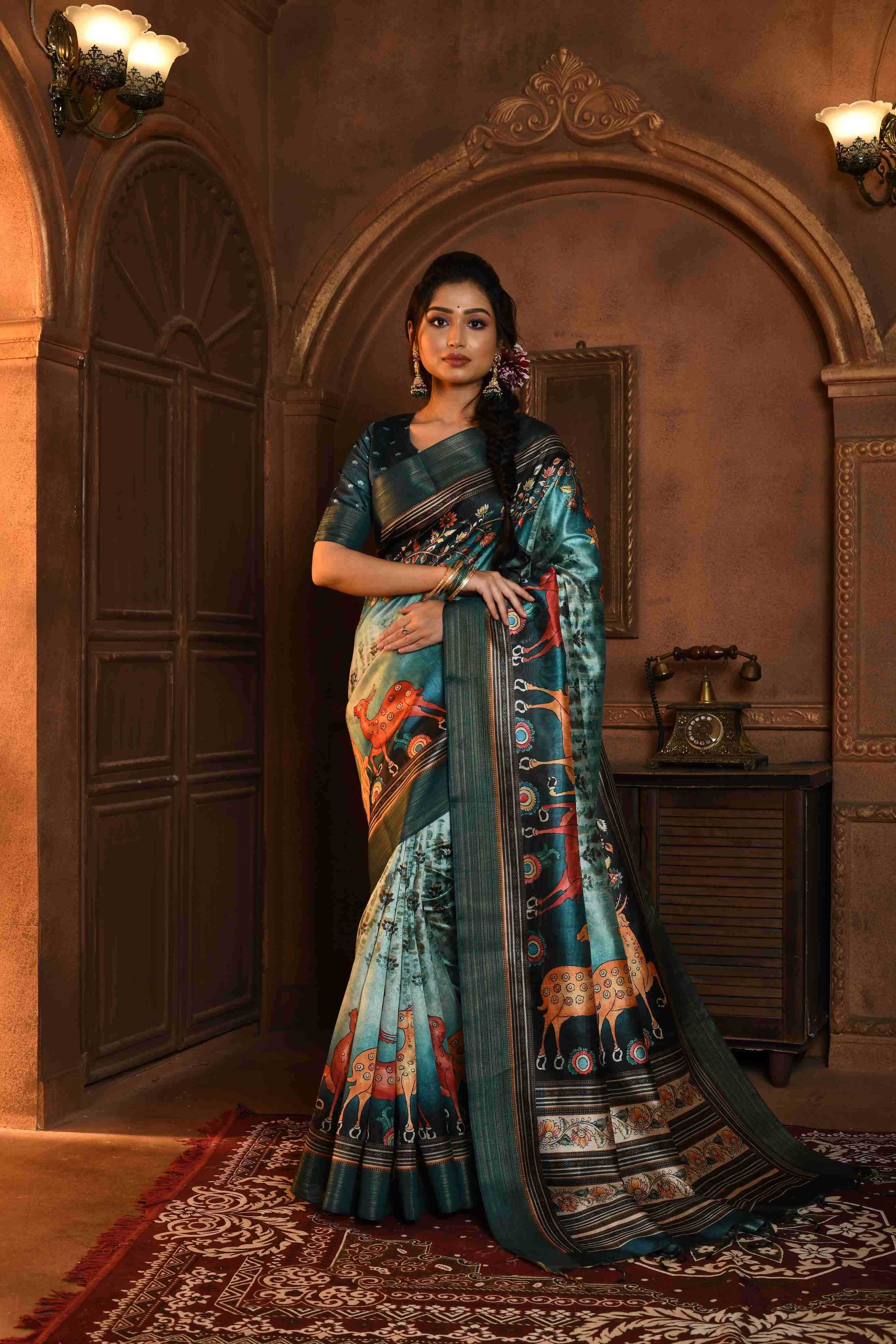 Ynf Tussar Silk KESH166 YESHA HARAN Silk Sarees Wholesale Soft Silk Sarees Printed Silk Saree Kalamkari Silk Sarees Manufacturer