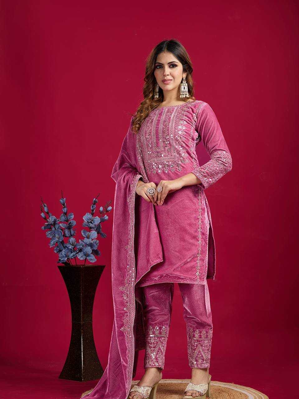 YNF VISCOSE KESH123 5017 SUITS & DRESSES WHOLESALE VELVET EMBROIDERED COTTON SUITS & DRESSES MANUFACTURER