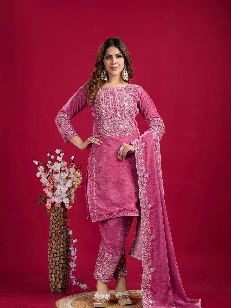 YNF VISCOSE KESH123 5017 SUITS & DRESSES WHOLESALE VELVET EMBROIDERED COTTON SUITS & DRESSES MANUFACTURER