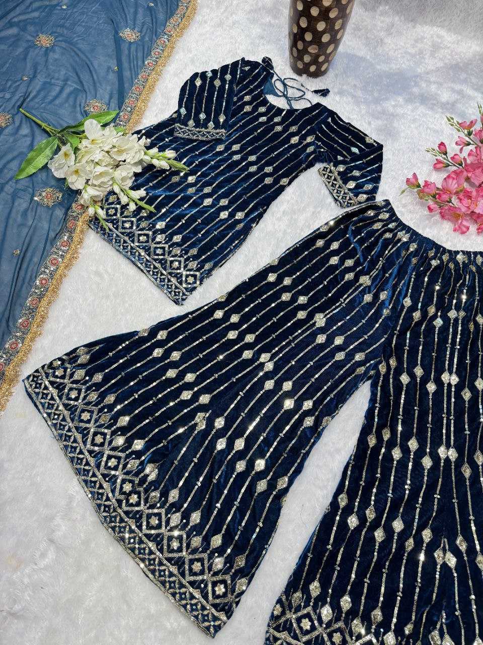 YNF VISCOSE KESH164 G83 SUITS & DRESSES WHOLESALE VELVET EMBROIDERY PALAZZO SUITS & DRESSES MANUFACTURER