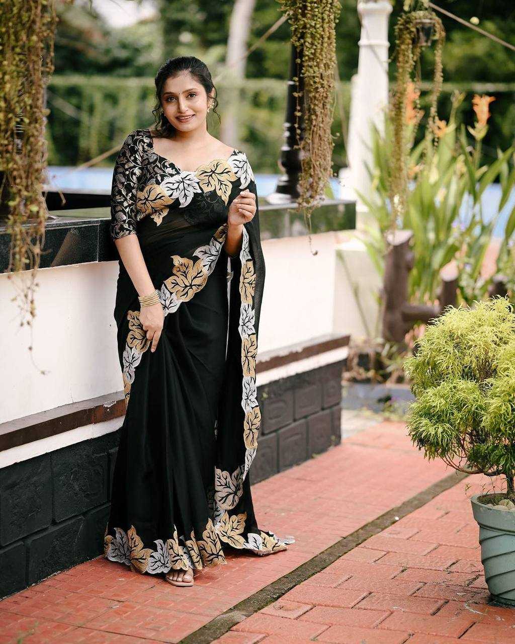 Ynf Chiffon KESH433 300 BLACK PAAN Sarees Wholesale Designer Sarees Embroidered Sarees Black Sarees Manufacturer