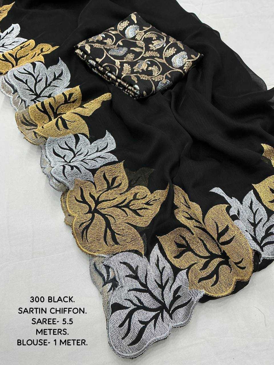 Ynf Chiffon KESH433 300 BLACK PAAN Sarees Wholesale Designer Sarees Embroidered Sarees Black Sarees Manufacturer