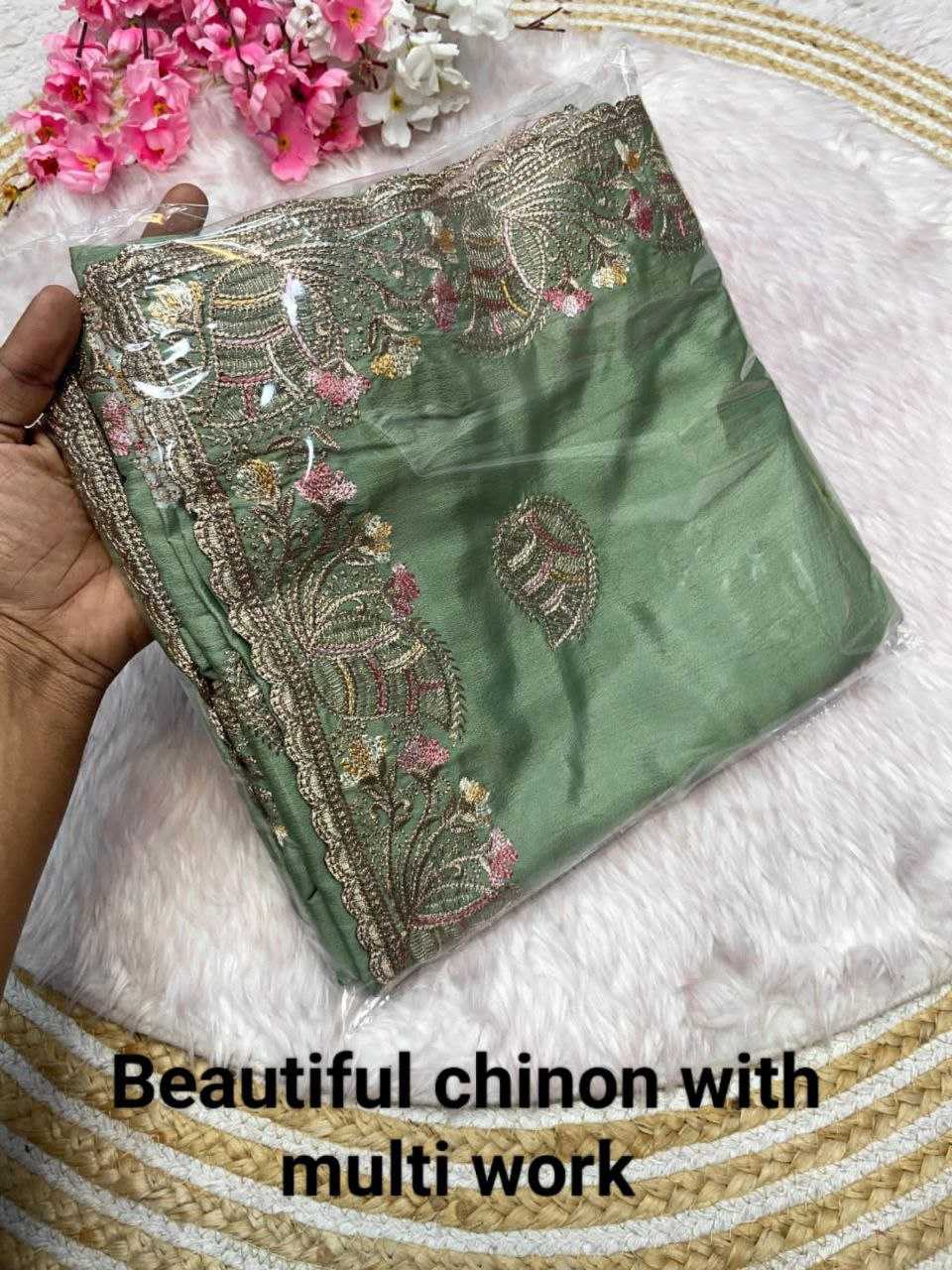 Ynf Chinon KESH241 571 Sarees Wholesale Designer Sarees Embroidered Sarees Zari Sarees Manufacturer