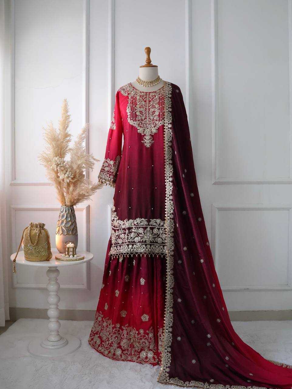 Ynf Chinon Silk KESH123 5233 Suits & Dresses Wedding Collections Festive Collections Wholesale Embroidery Suits Palazzo Suit Ladies Silk Suit Manufacturer