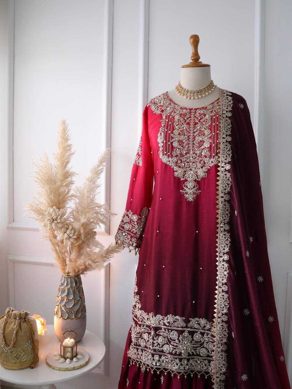 Ynf Chinon Silk KESH123 5233 Suits & Dresses Wedding Collections Festive Collections Wholesale Embroidery Suits Palazzo Suit Ladies Silk Suit Manufacturer