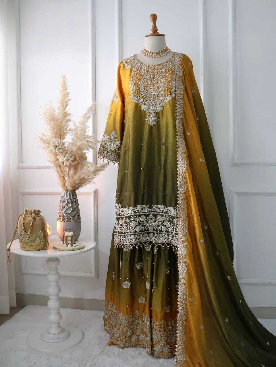 Ynf Chinon Silk KESH123 5233 Suits & Dresses Wedding Collections Festive Collections Wholesale Embroidery Suits Palazzo Suit Ladies Silk Suit Manufacturer