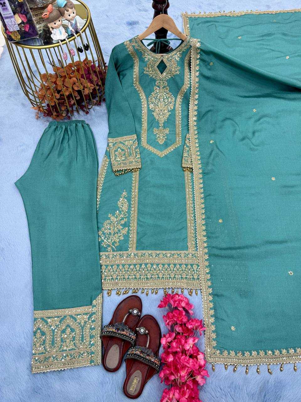 Ynf Chinon Silk KESH141 1041 Suits & Dresses Diwali Collections Festive Collections Wholesale Embroidery Suits Palazzo Suit Ladies Silk Suit Manufacturer