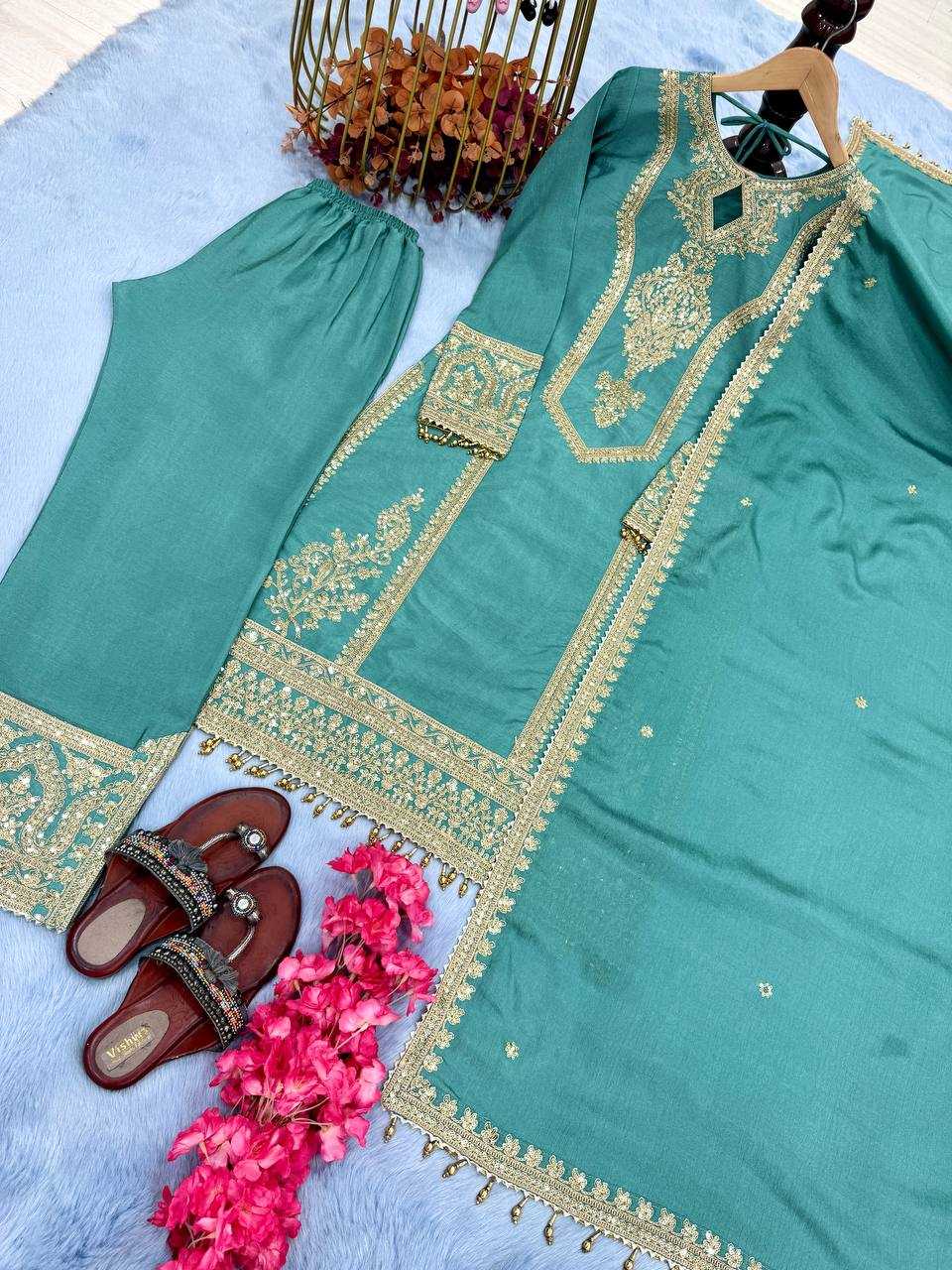 Ynf Chinon Silk KESH141 1041 Suits & Dresses Diwali Collections Festive Collections Wholesale Embroidery Suits Palazzo Suit Ladies Silk Suit Manufacturer