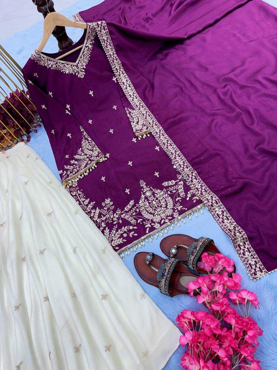 Ynf Chinon Silk KESH141 190 Suits & Dresses Wedding Collections Festive Collections Wholesale Embroidery Suits Palazzo Suit Silk Suits Manufacturer