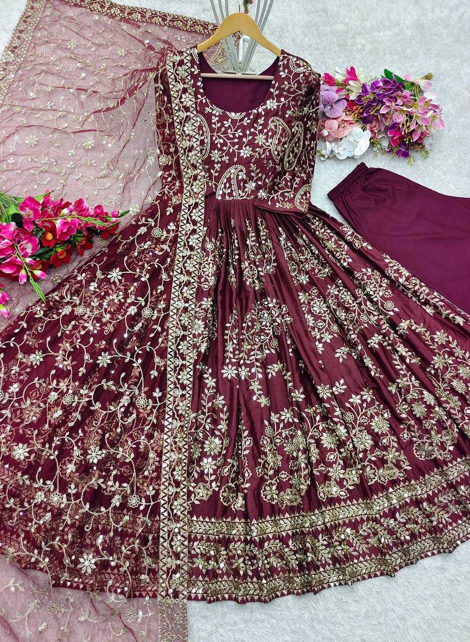 Ynf Chinon Silk KESH156 8044 Gowns Wedding Collections Festive Collections Wholesale Embroidery Gowns Designer Gowns Silk Gowns Manufacturer