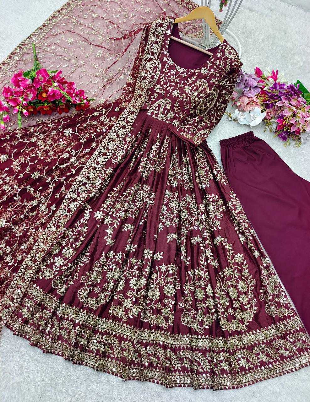 Ynf Chinon Silk KESH156 8044 Gowns Wedding Collections Festive Collections Wholesale Embroidery Gowns Designer Gowns Silk Gowns Manufacturer