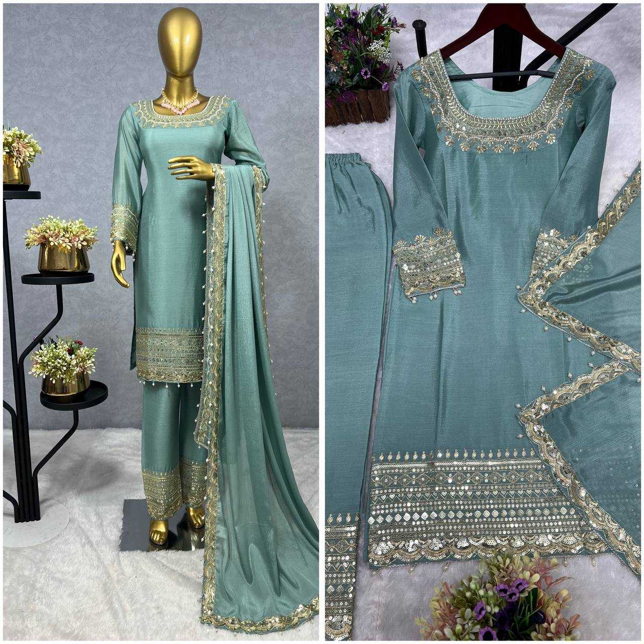 Ynf Chinon Silk KESH228 586 Suits & Dresses Wholesale Embroidery Suits Ladies Silk Suit Handwork Suits Manufacturer