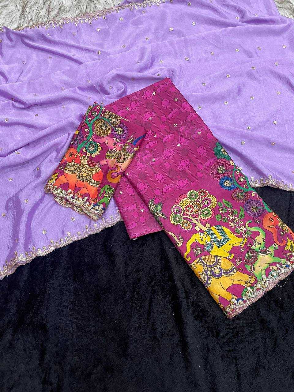 Ynf Chinon Silk RIN124 Elephant Kalamkari Silk Sarees Wedding Collections Festive Collections Wholesale Designer Silk Sarees Kalamkari Silk Sarees Embroidered Silk Sarees Manufacturer