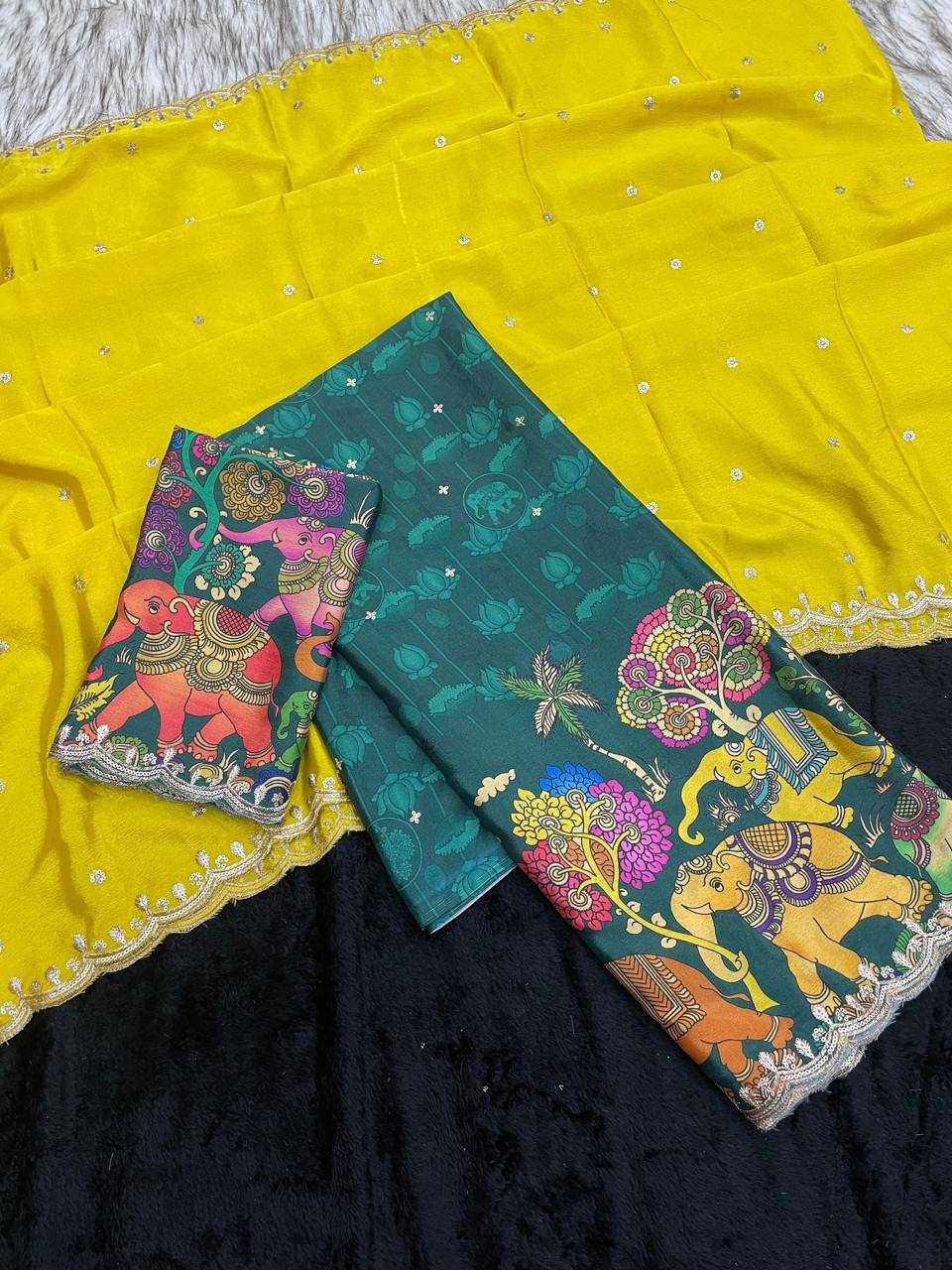 Ynf Chinon Silk RIN124 Elephant Kalamkari Silk Sarees Wedding Collections Festive Collections Wholesale Designer Silk Sarees Kalamkari Silk Sarees Embroidered Silk Sarees Manufacturer