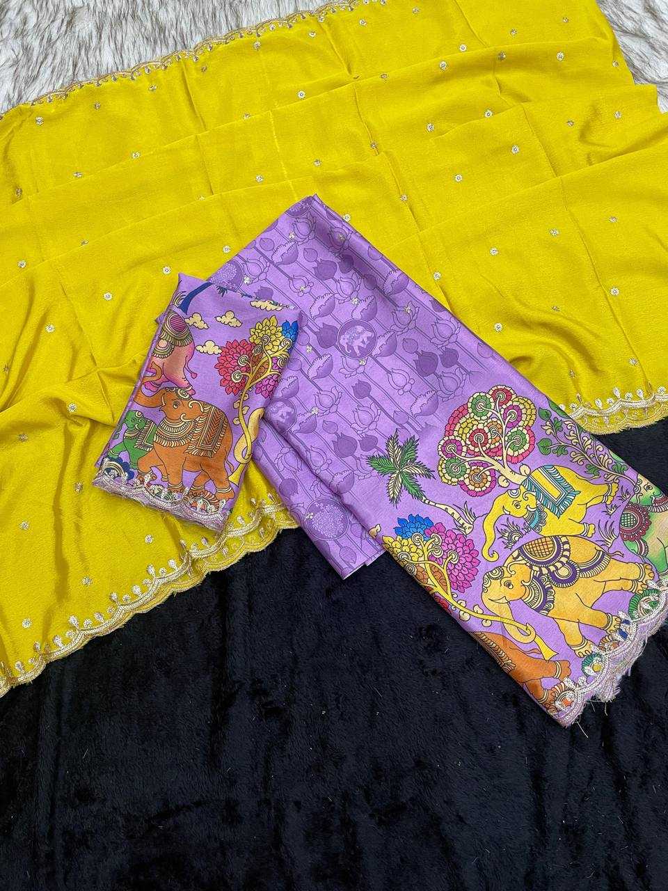 Ynf Chinon Silk RIN124 Elephant Kalamkari Silk Sarees Wedding Collections Festive Collections Wholesale Designer Silk Sarees Kalamkari Silk Sarees Embroidered Silk Sarees Manufacturer