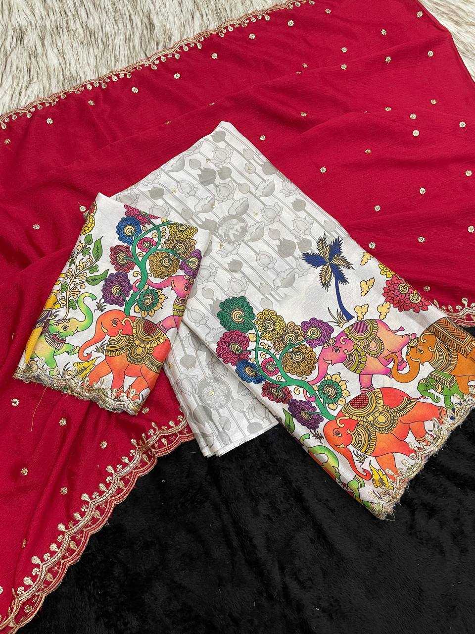 Ynf Chinon Silk RIN124 Elephant Kalamkari Silk Sarees Wedding Collections Festive Collections Wholesale Designer Silk Sarees Kalamkari Silk Sarees Embroidered Silk Sarees Manufacturer