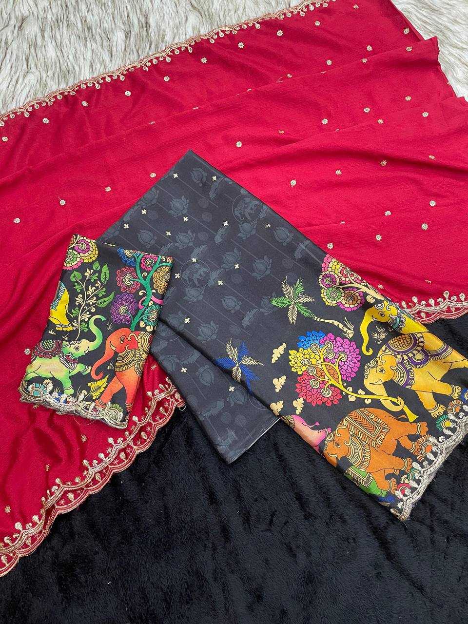 Ynf Chinon Silk RIN124 Elephant Kalamkari Silk Sarees Wedding Collections Festive Collections Wholesale Designer Silk Sarees Kalamkari Silk Sarees Embroidered Silk Sarees Manufacturer