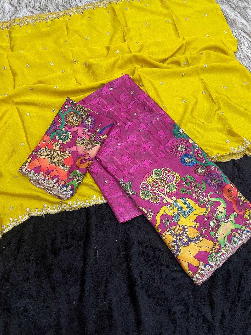 Ynf Chinon Silk RIN124 Elephant Kalamkari Silk Sarees Wedding Collections Festive Collections Wholesale Designer Silk Sarees Kalamkari Silk Sarees Embroidered Silk Sarees Manufacturer