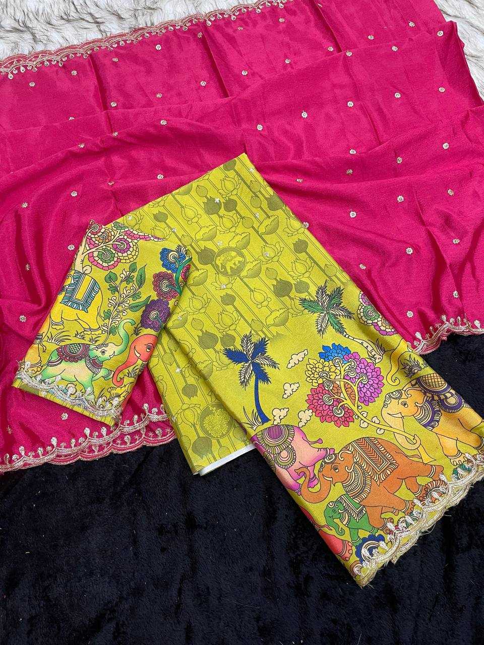 Ynf Chinon Silk RIN124 Elephant Kalamkari Silk Sarees Wedding Collections Festive Collections Wholesale Designer Silk Sarees Kalamkari Silk Sarees Embroidered Silk Sarees Manufacturer