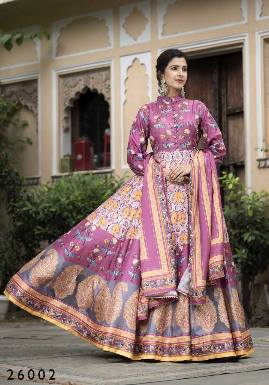 Ynf Dola Silk RIN131 SAMANTA Gowns Wholesale Printed Gowns Silk Gowns Gown With Belt Manufacturer