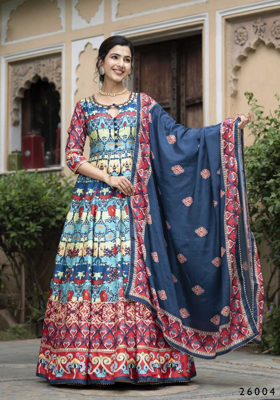 Ynf Dola Silk RIN131 SAMANTA Gowns Wholesale Printed Gowns Silk Gowns Gown With Belt Manufacturer