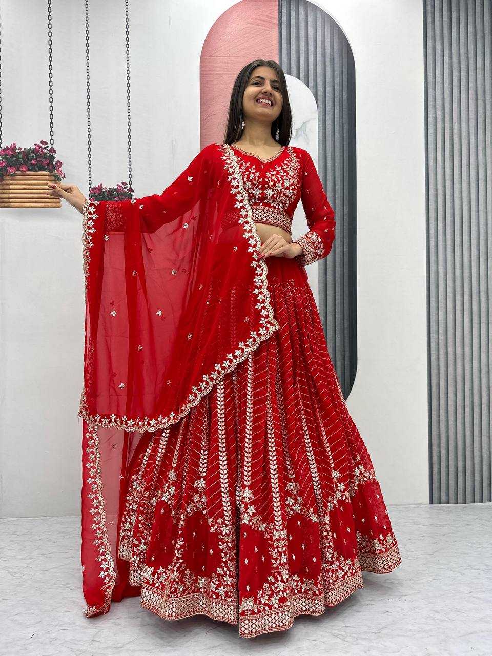 Ynf Faux Georgette KESH119 020 Red Lehengas Wedding Collections Festive Collections Wholesale Fancy Lehenga Wedding Lehenga Designer Lehenga Choli Manufacturer