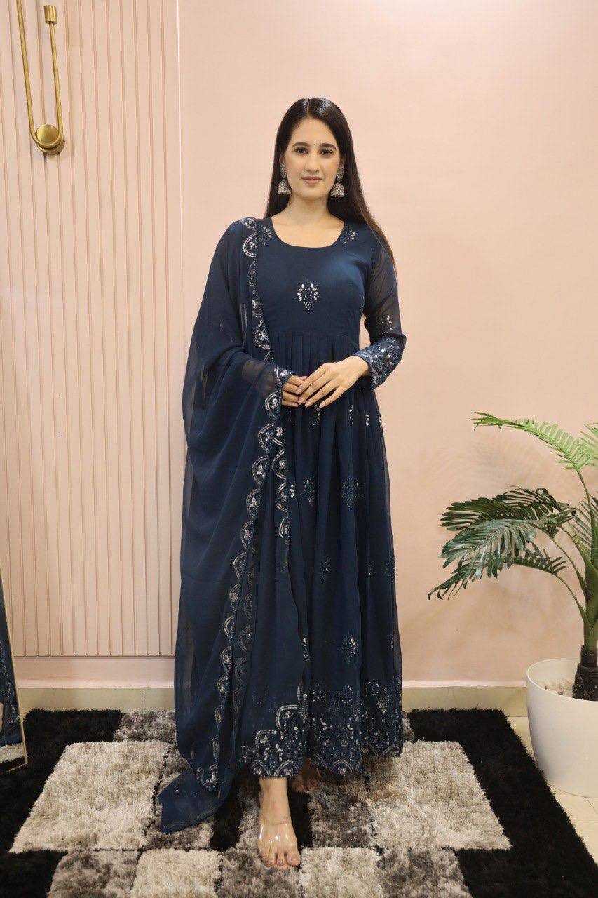 Ynf Faux Georgette KESH164 G55 Gowns Wedding Collections Festive Collections Wholesale Embroidery Gowns Georgette Gown Full Sleeve Gowns Manufacturer