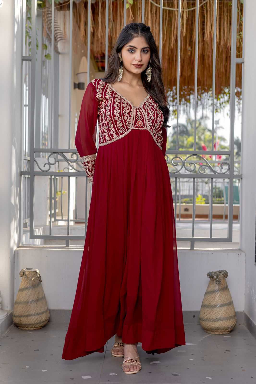 Ynf Faux Georgette KESH175 DVF 32 Gowns Wholesale Georgette Gown Sequin Gowns Maroon Gown Manufacturer