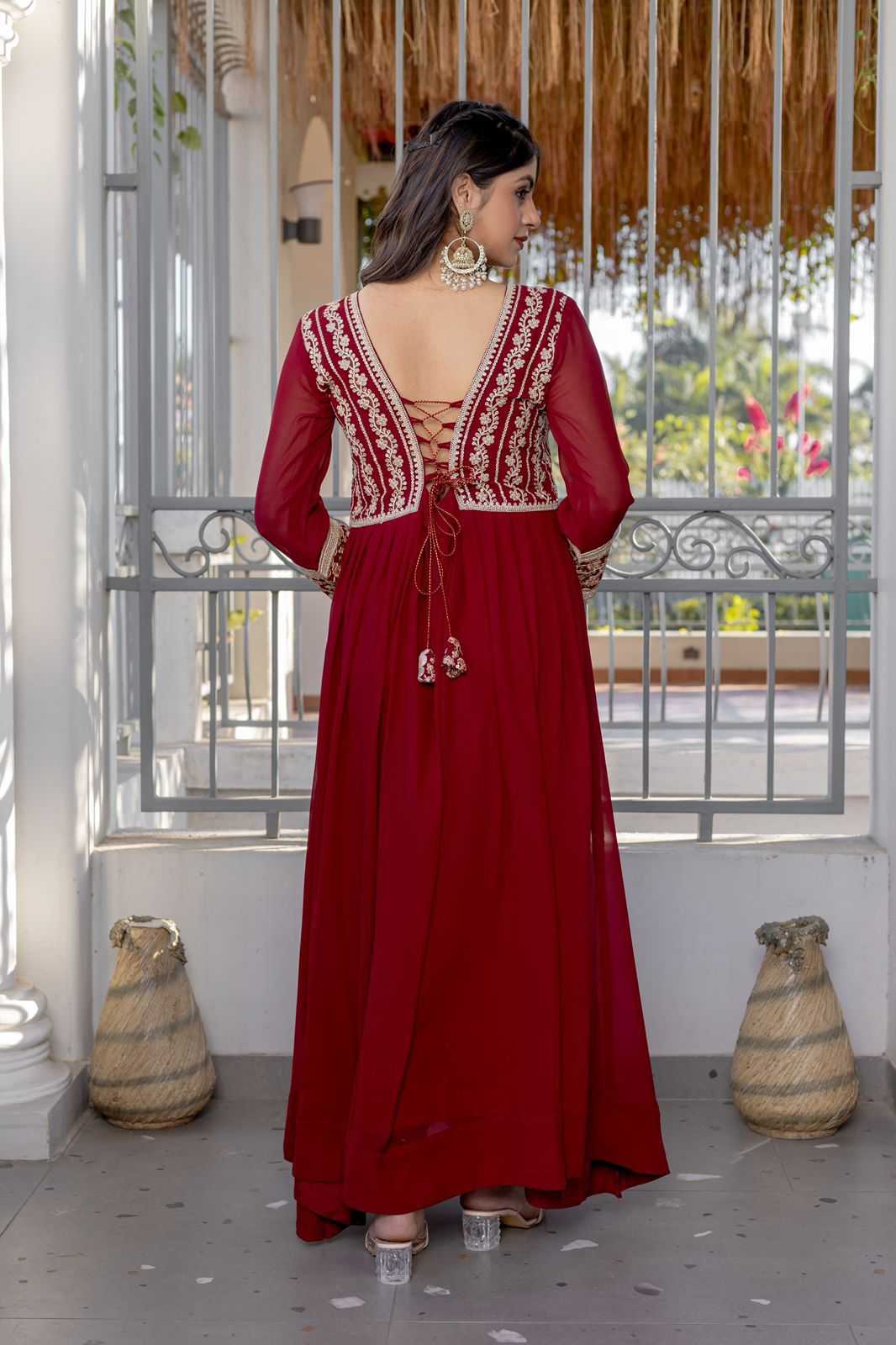 Ynf Faux Georgette KESH175 DVF 32 Gowns Wholesale Georgette Gown Sequin Gowns Maroon Gown Manufacturer