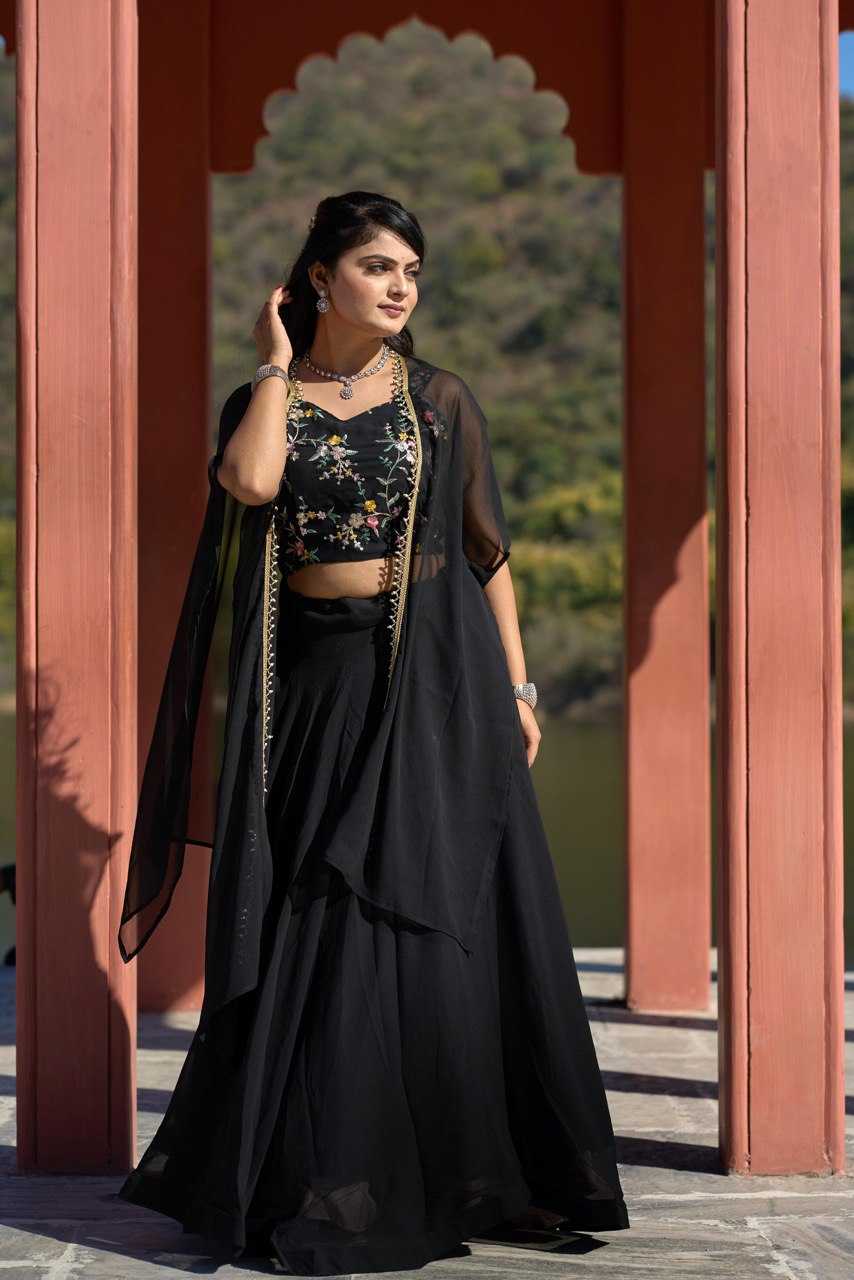 Ynf Georgette RIN119 9003BLK Lehengas Wedding Collections Festive Collections Wholesale Georgette Lehenga Lehenga With Cancan Lehenga With Blouse Manufacturer