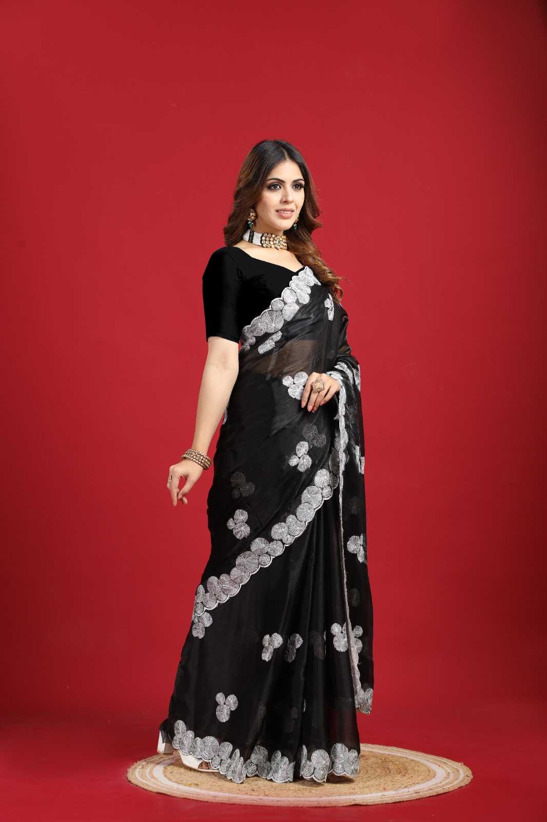 Ynf Georgette RIN185 SARA Sarees Wholesale Designer Sarees Embroidered Sarees Black Sarees Manufacturer