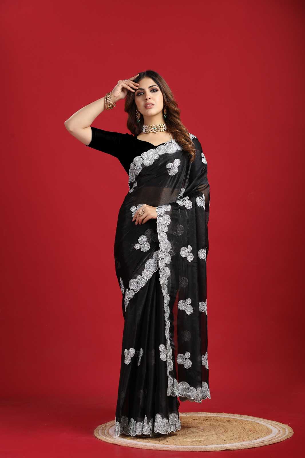 Ynf Georgette RIN185 SARA Sarees Wholesale Designer Sarees Embroidered Sarees Black Sarees Manufacturer