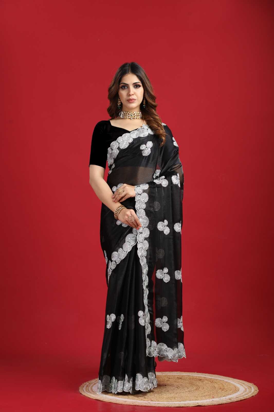 Ynf Georgette RIN185 SARA Sarees Wholesale Designer Sarees Embroidered Sarees Black Sarees Manufacturer