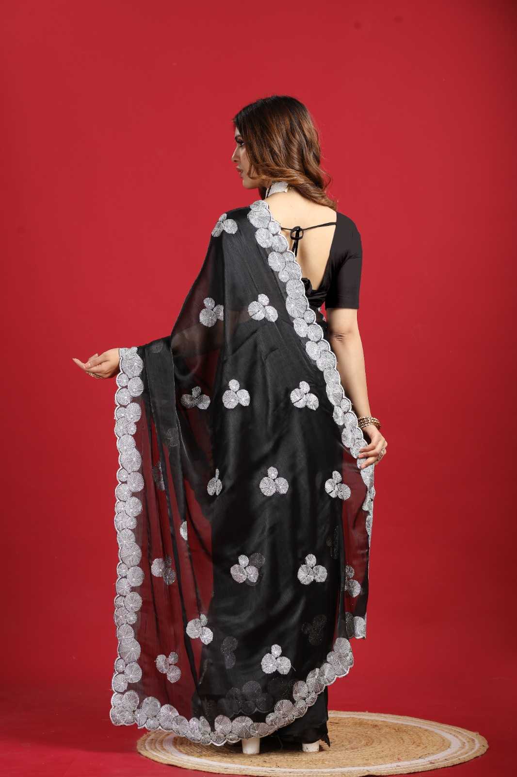 Ynf Georgette RIN185 SARA Sarees Wholesale Designer Sarees Embroidered Sarees Black Sarees Manufacturer