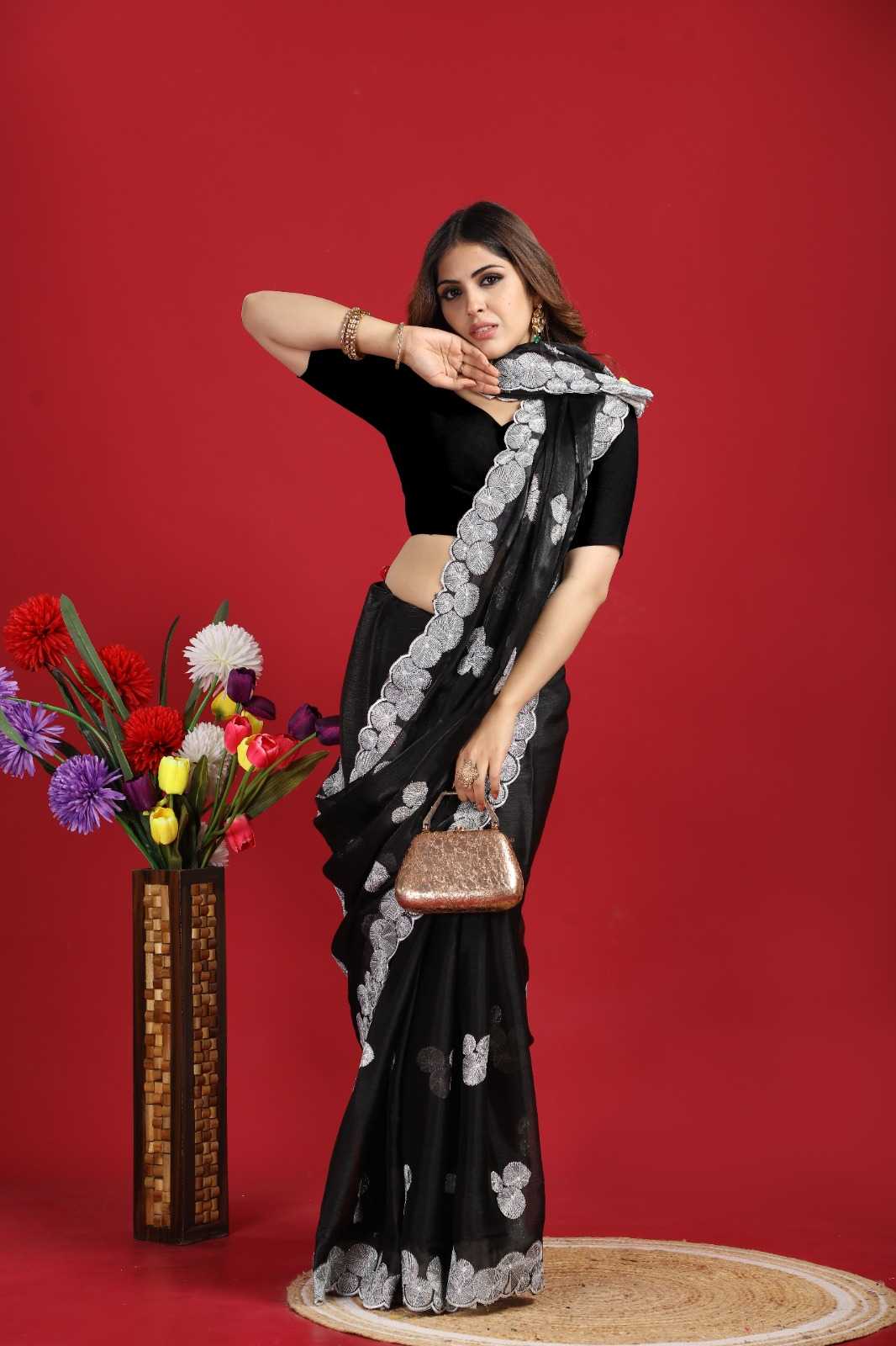 Ynf Georgette RIN185 SARA Sarees Wholesale Designer Sarees Embroidered Sarees Black Sarees Manufacturer