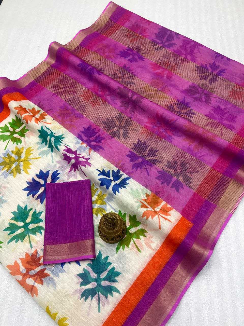 Ynf Linen KESH242 MG532 Sarees Wholesale Printed Sarees Zari Border Sarees Linen Sarees Manufacturer