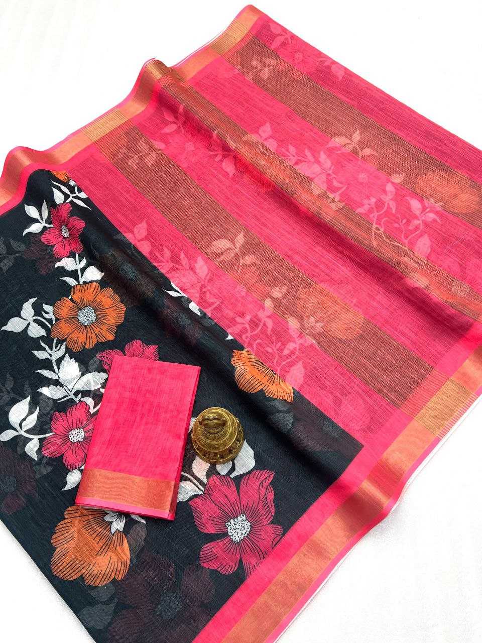 Ynf Linen KESH242 MG532 Sarees Wholesale Printed Sarees Zari Border Sarees Linen Sarees Manufacturer