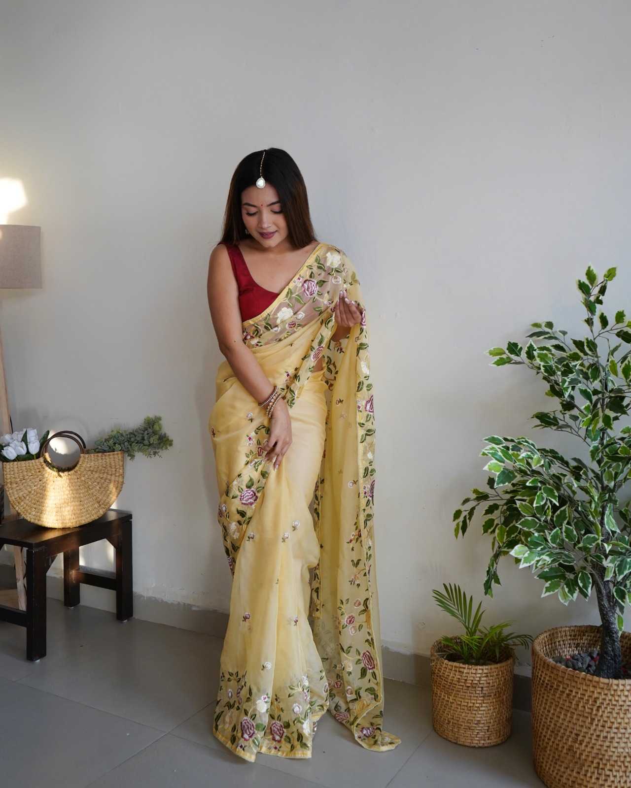 Ynf Organza Silk RIN185 Gold Tebi silk Silk Sarees Wholesale Raw Silk Sarees Fancy Silk Sarees Embroidered Silk Sarees Manufacturer