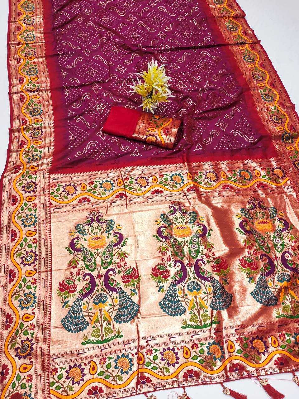 Ynf Paithani Silk RIN150 Bandhani Paithani Silk Sarees Wholesale Paithani Sarees Printed Silk Saree Party Wear Silk Sarees Manufacturer