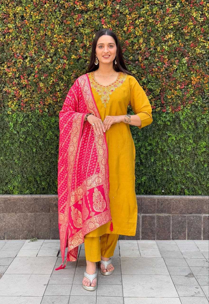 Ynf Premium Roman Silk RIN137 364 Suits & Dresses Wholesale Ladies Silk Suit Yellow Salwar Suit Handwork Suits Manufacturer