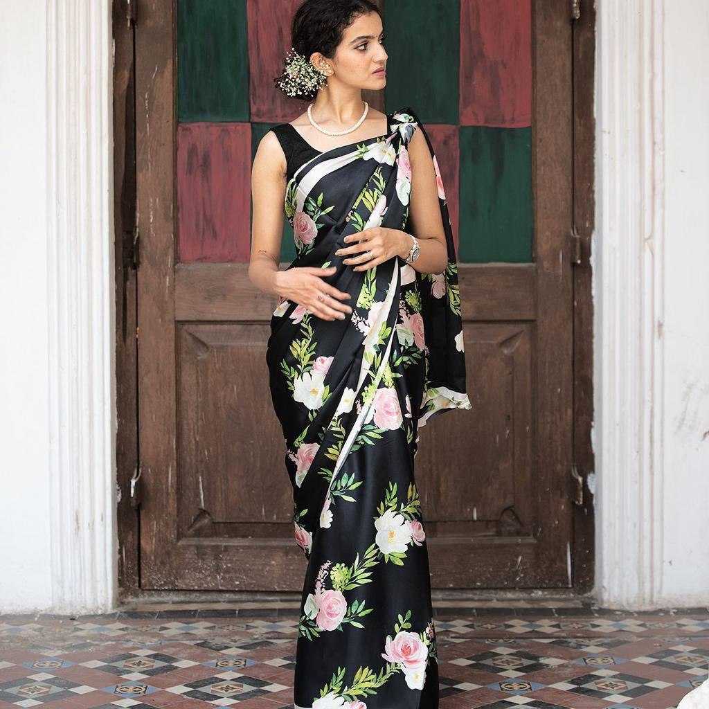 Ynf Satin RIN119 2190BLK Sarees Wedding Collections Festive Collections Wholesale Designer Sarees Floral Sarees Satin Sarees Manufacturer