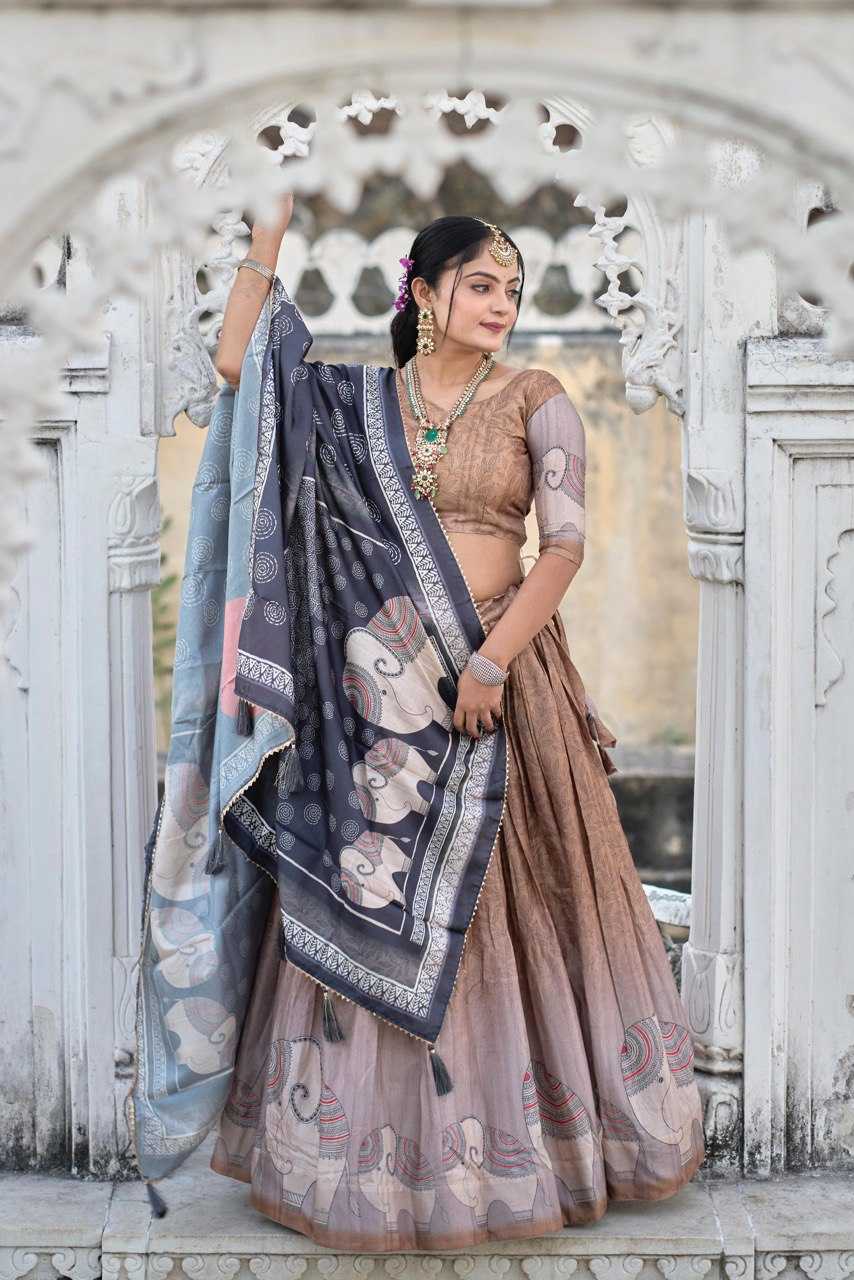 Ynf Silk RIN119 9016BRWN Lehengas Wedding Collections Festive Collections Wholesale Silk Lehenga Printed Lehenga Lehenga With Cancan Manufacturer