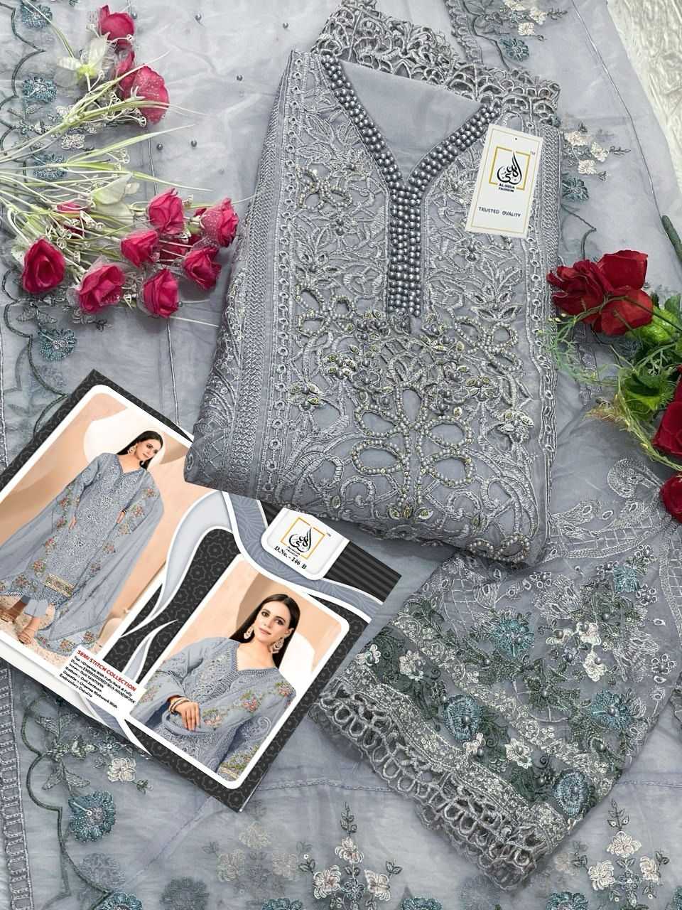 Ynf Organza RIN186 AL-HUDA-SEMI STITCH COLLECTION Suits & Dresses Islamic Clothing Festive Collections Wholesale Pakistani Suits Embroidery Suits Party wear suits Manufacturer