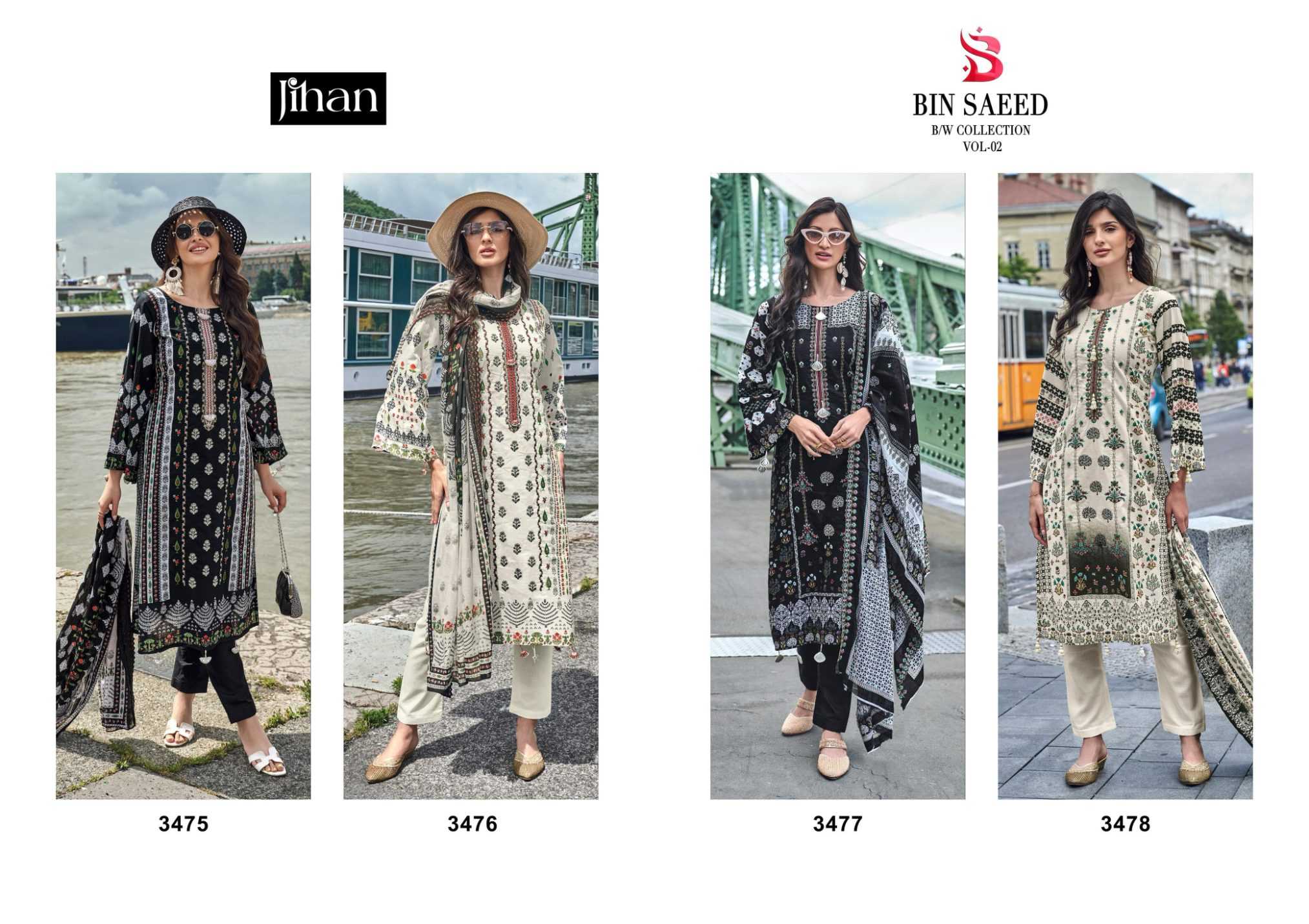 Ynf Pure Cotton RIN186 JIHAN BIN SAEED B/W LAWN COLLECTION VOL - 2 Suits & Dresses Islamic Clothing Festive Collections Wholesale Embroidery Suits Cotton Suits Eid Collections Manufacturer