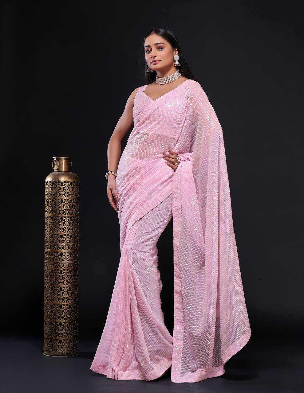 Ynf Georgette RIN213 L244 Sarees Wholesale Party Wear Sarees Sequins Work Saree Pink Sarees Manufacturer