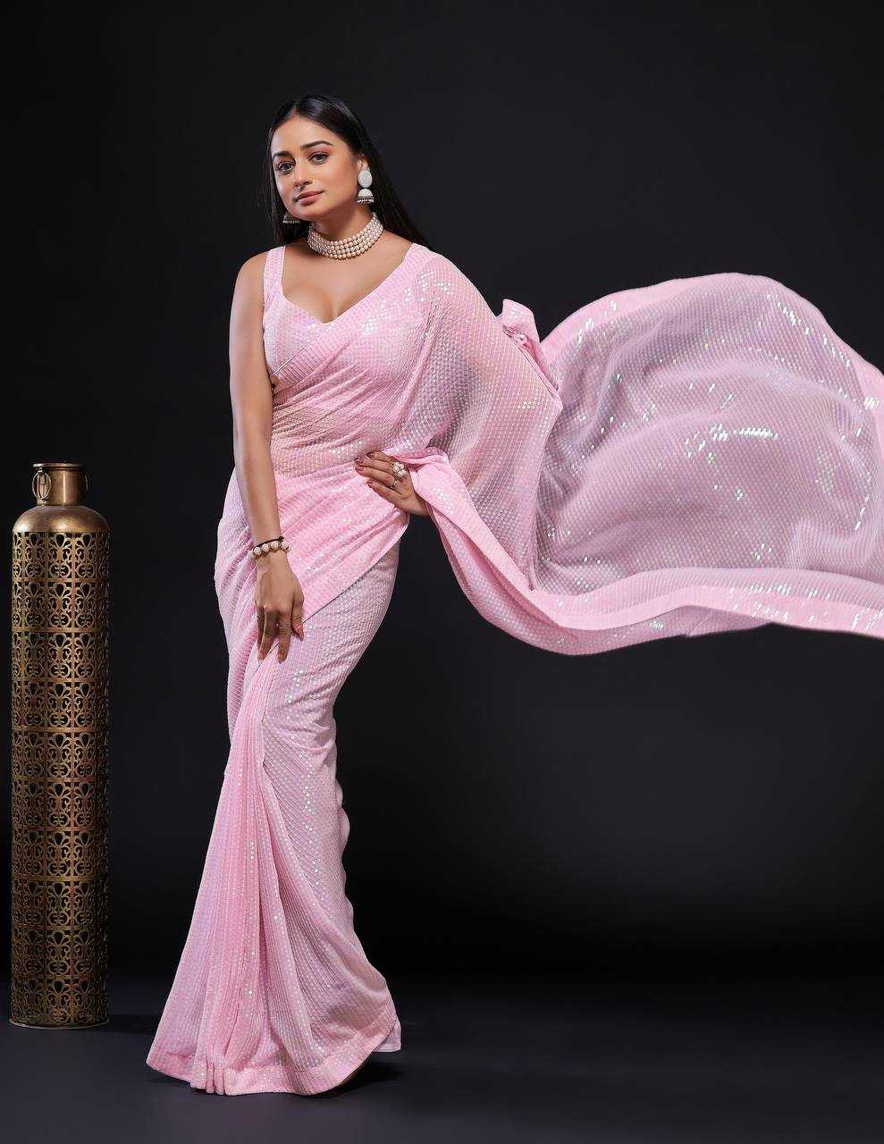 Ynf Georgette RIN213 L244 Sarees Wholesale Party Wear Sarees Sequins Work Saree Pink Sarees Manufacturer